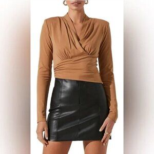 ASTR the Label Shawl Collar Faux Wrap Front Top in Taupe, S NWT